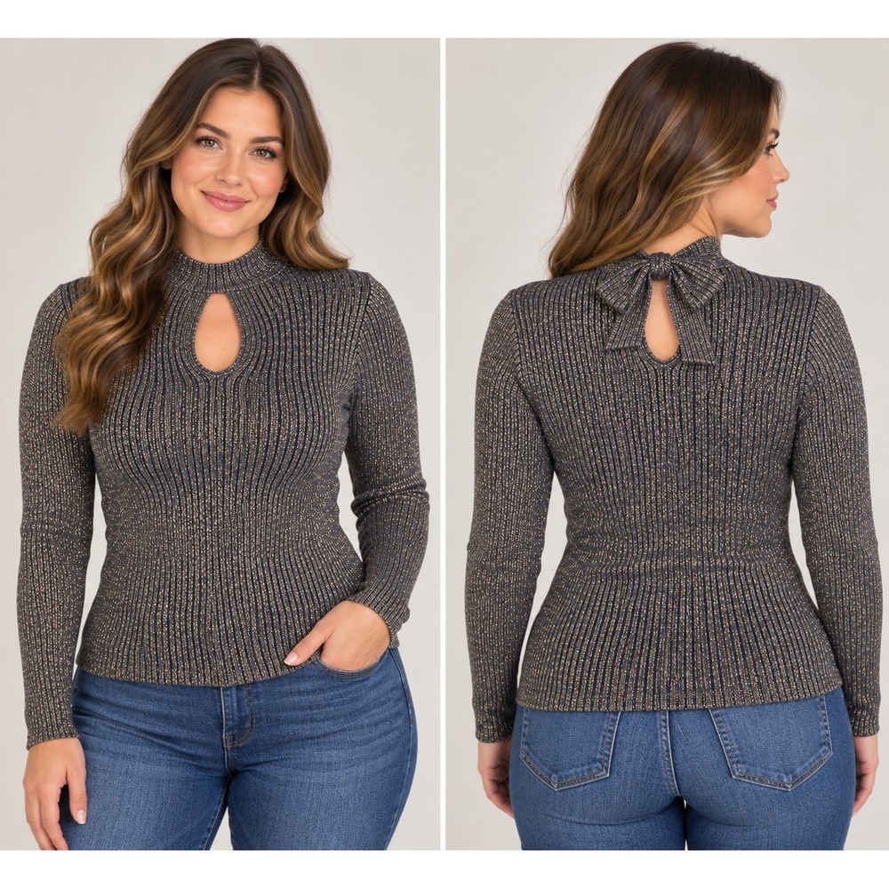 Belldini Womens Medium Metallic Ribbed Knit Bow Keyhole Neck Long Sleeve Sweater